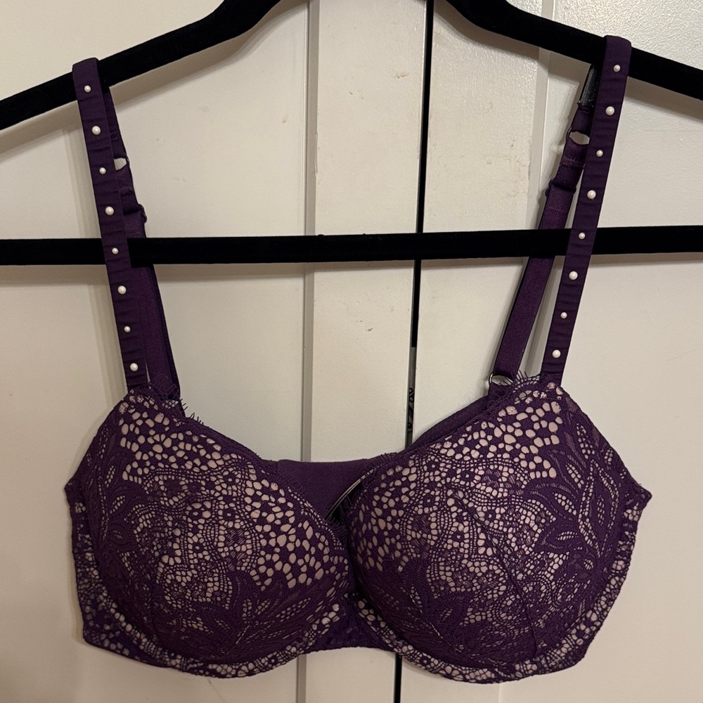 Victoria's Secret Deep Purple Lace Bra with pearl accents on straps, size 36C